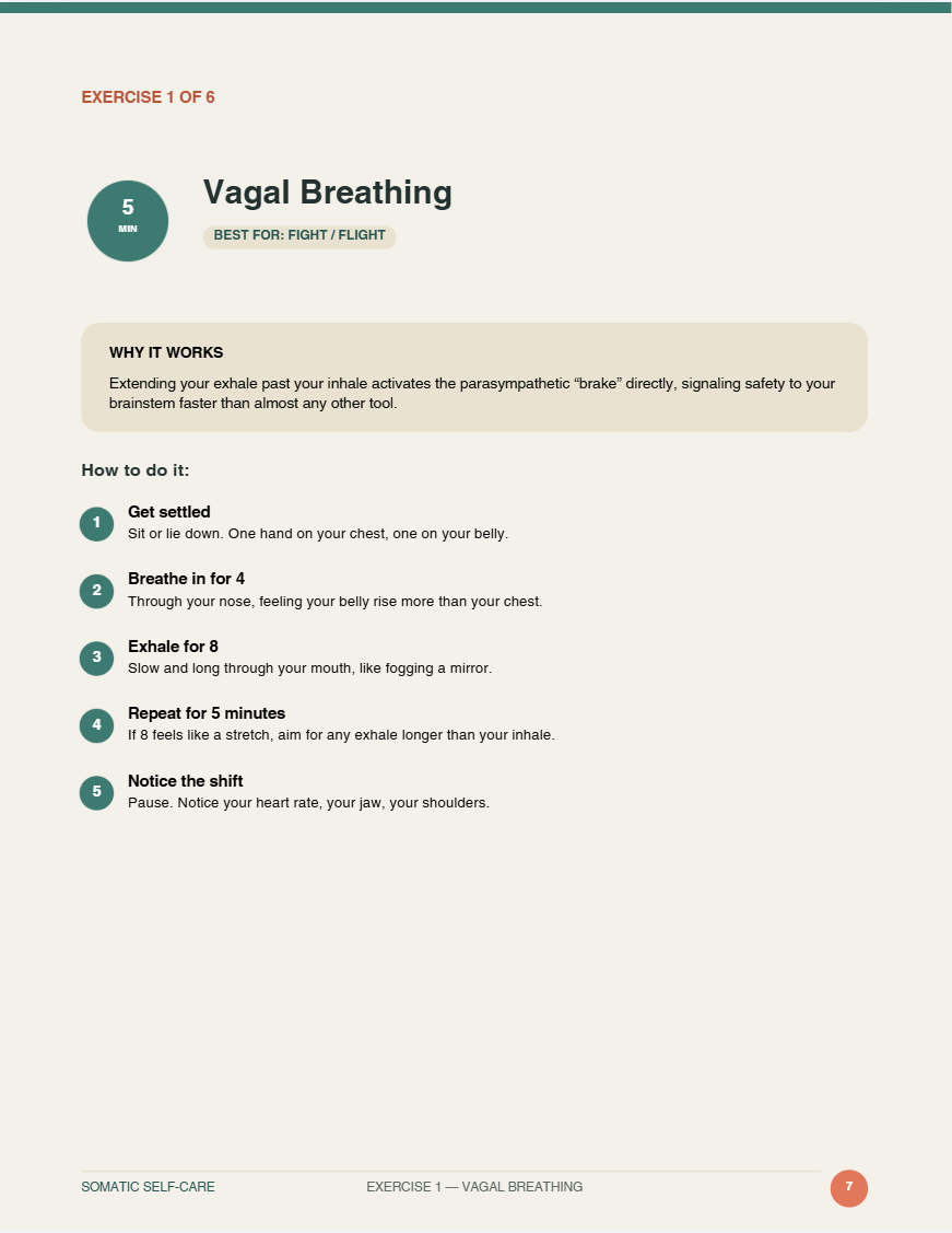 Somatic Self-Care Guide — sample page showing the quick-reference card