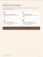 Love, Translated — sample page showing the five Care Currencies framework