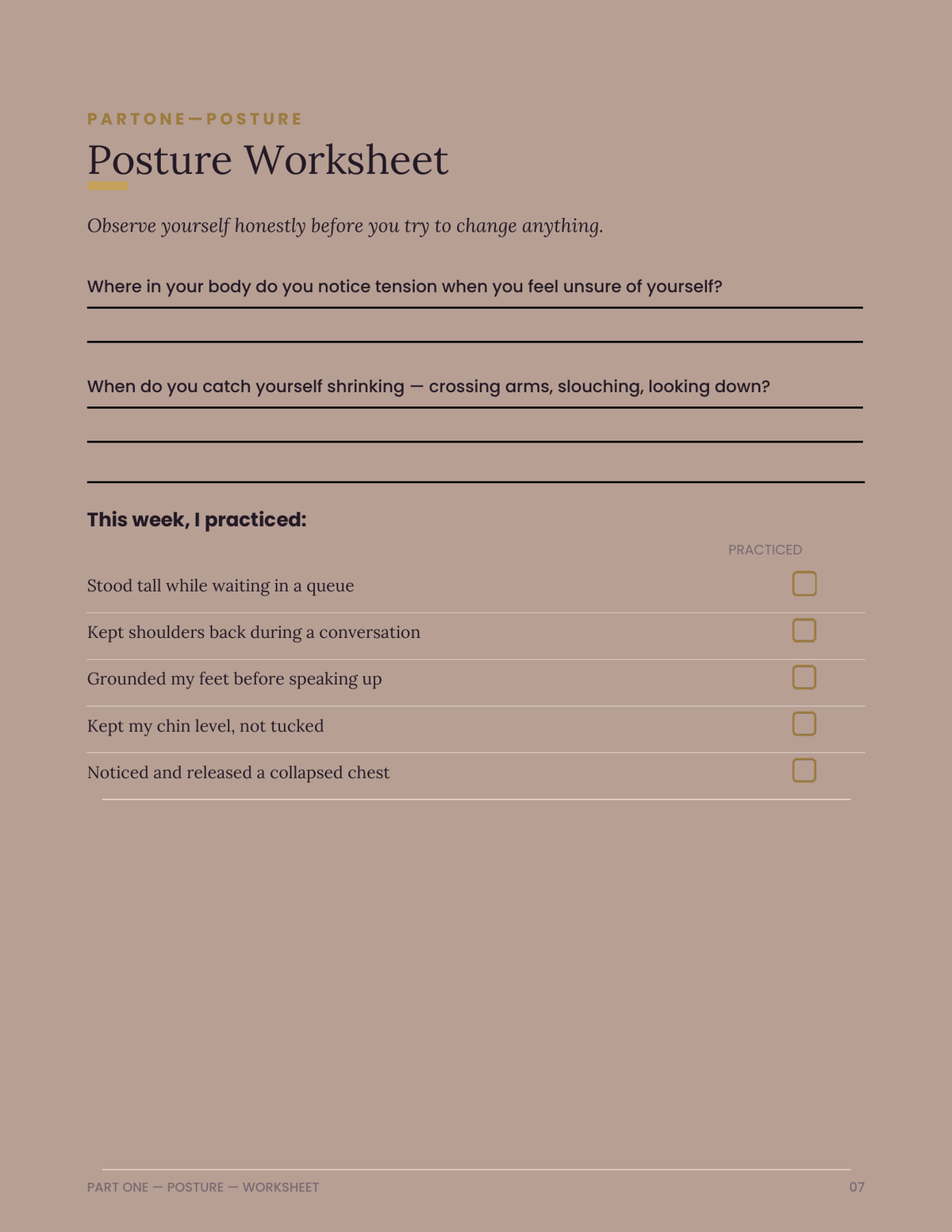 Confidence Through Kinesthetics, page 7 of 16: Posture Worksheet.