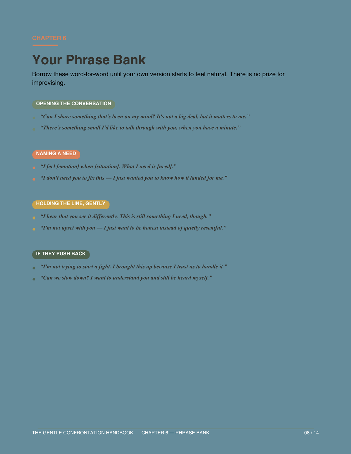 The Gentle Confrontation Handbook, page 8 of 14: phrase bank with sentence starters for opening conversations, naming needs and responding to pushback.